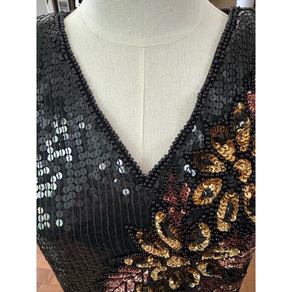 Vintage Stenay Sequenced Silk Black rose gold short sleeved formal top size XL - Picture 4 of 15
